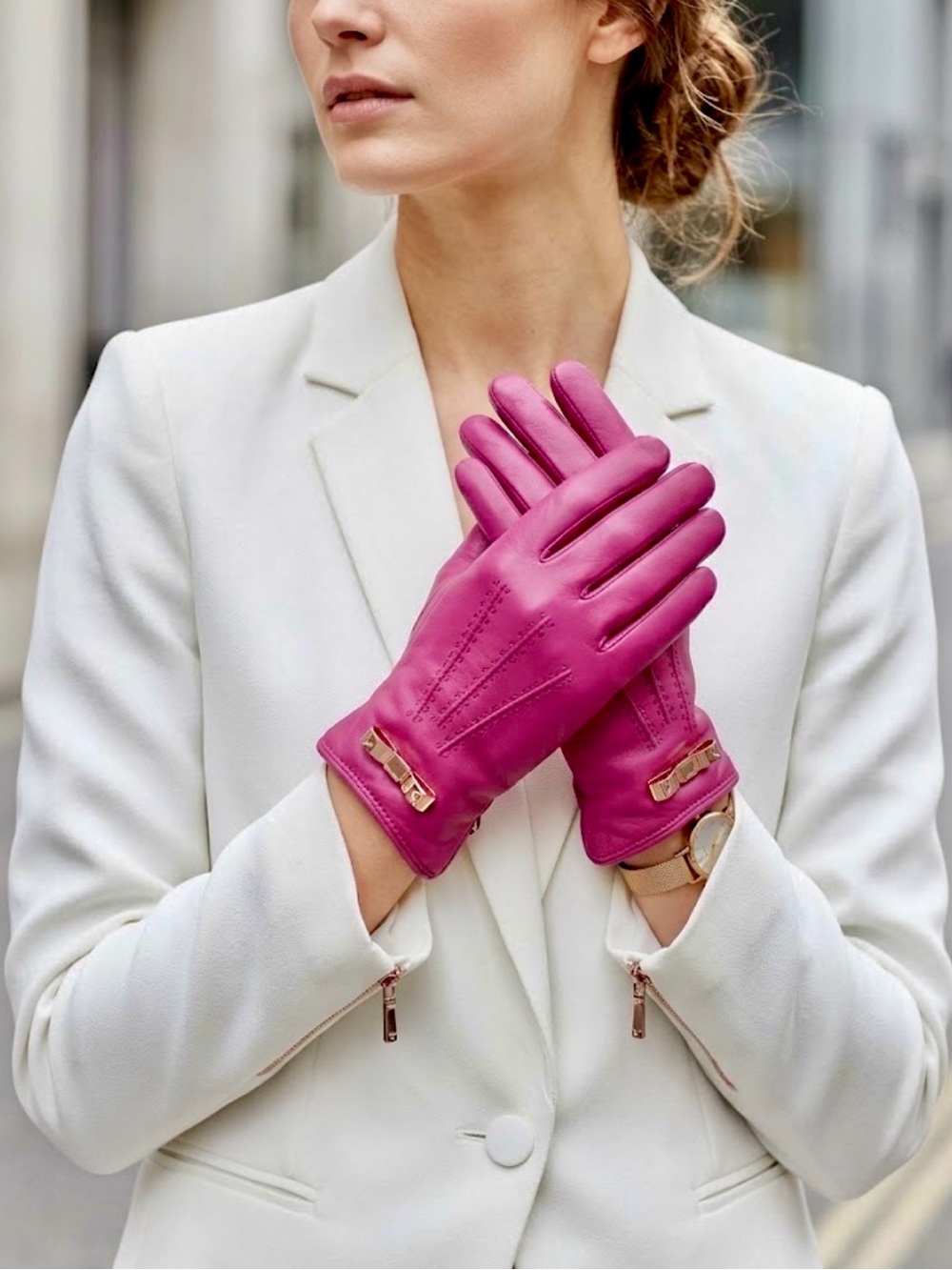 TED BAKER New women’s pink fuchsia genuine leather Gloves gold metallic Bow M/ L